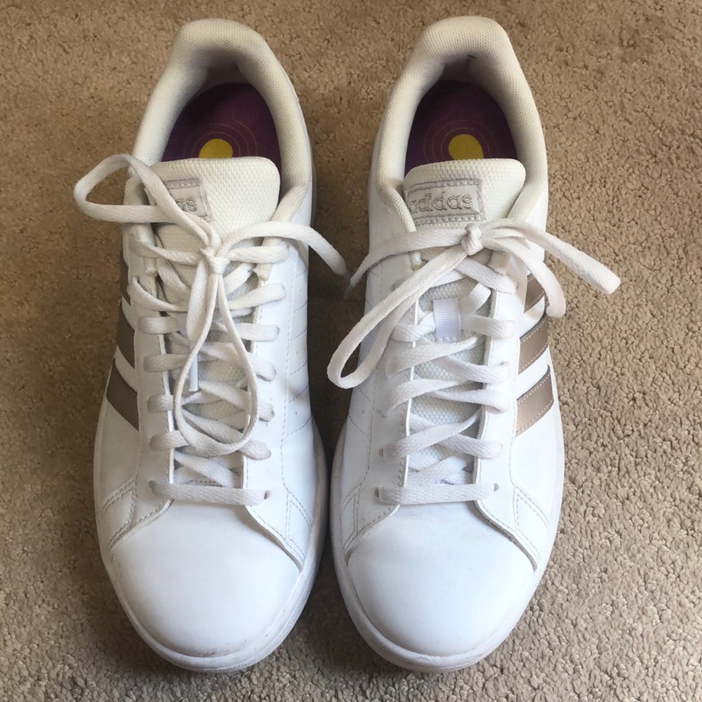 Adidas white all leather athletic shoes, size 8